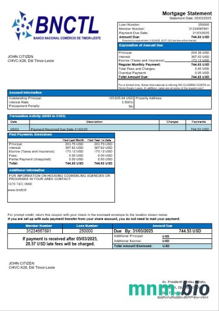 Timor Wschodni BNCTL Bank International wyciąg z kredytu hipotecznego w formatach Word i PDF